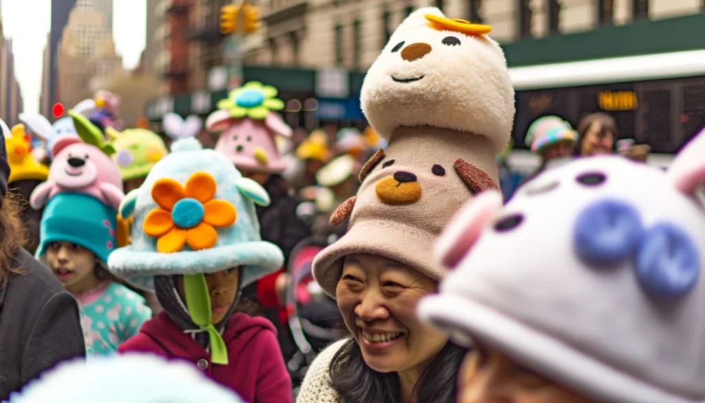 AI-generated scene from the NYC Easter Parade with diverse crowd wearing friendly hats